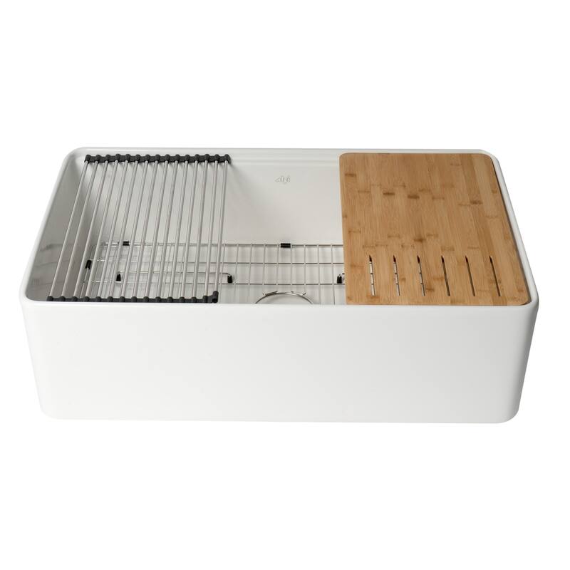 ALFI Brand White Smooth Apron Workstation 33" x 20" Single Bowl Step Rim Fireclay Farm Sink with Accessories