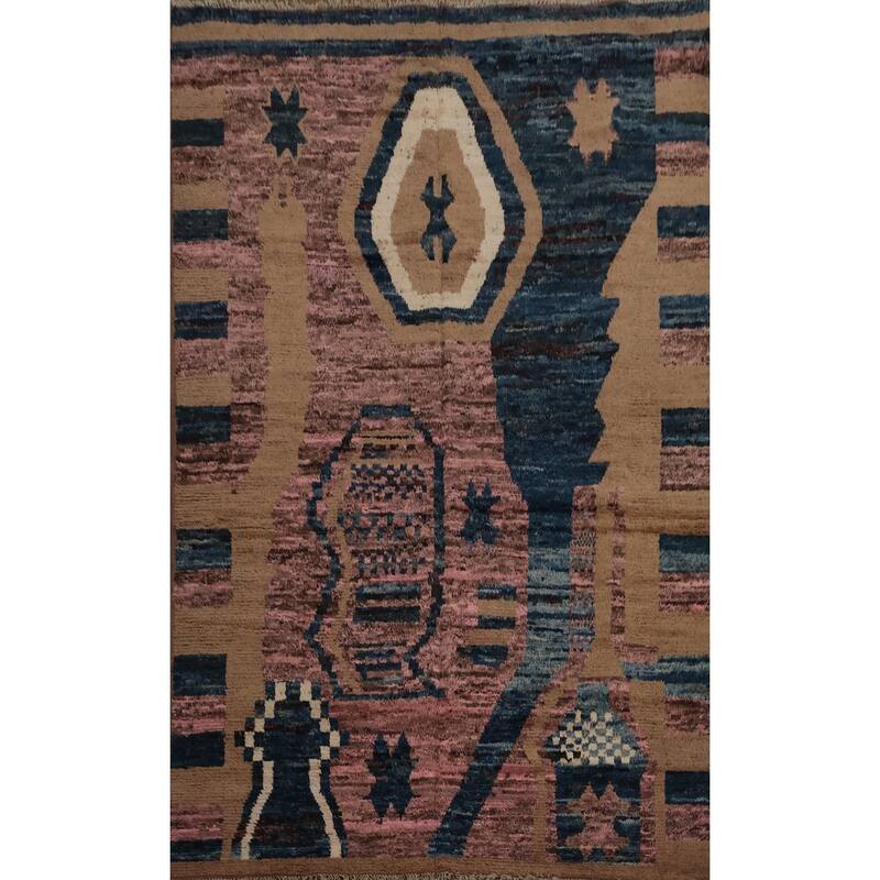 Hand Knotted Oriental 100% Wool Carpet Modern Tribal Pink Moroccan Area Rug - 9' 8'' X 6' 8''