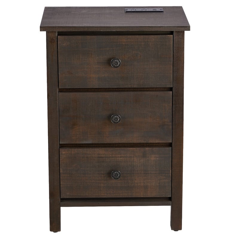 Brown Solid Wood Nightstand with 3 Drawers with USB & Type-C Ports, 2 Power Outlets