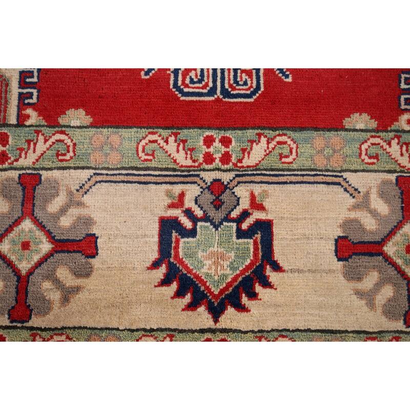 Geometric Kazak Rug Hand-Knotted Bedroom Red Wool Carpet - 5'9" x 7'7"