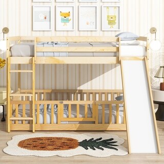 Twin Over Twin Floor Bunk Bed with Slide and Convertible 3-Way Design Safety Door & Guardrails (250lb Capacity)