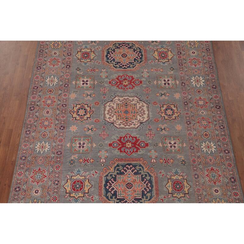 Gray Geometric Kazak Oriental Area Rug Handmade Wool Carpet - 6'8" x 9'8"