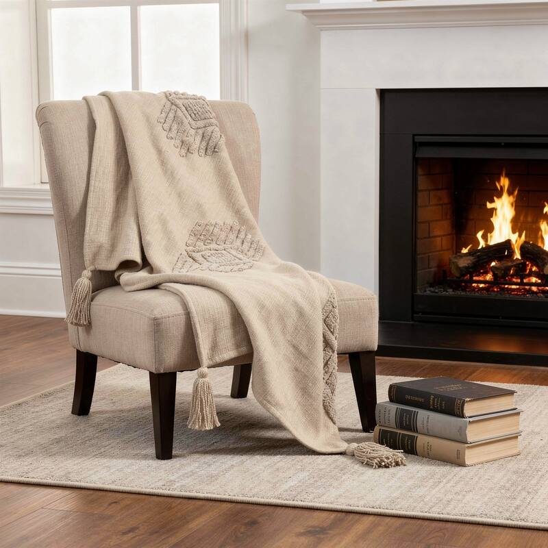 HomeRoots 50" X 60" Brown Cotton Woven Ikat Throw Blanket with Tassels - Throw - Brown