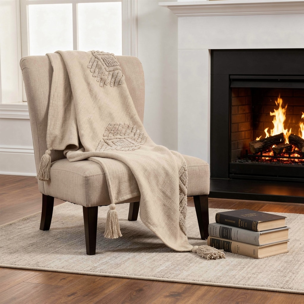 HomeRoots 50" X 60" Brown Cotton Woven Ikat Throw Blanket with Tassels