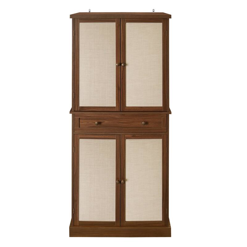GDFStudio - TallRattan Modern Storage Cabinet with 4 Doors, 1 Drawer, and Adjustable Shelves