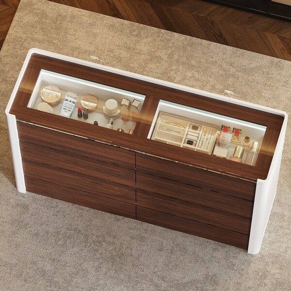 8-Drawer Dresser w/Glass Top, Pine Wood Frame, LED Display