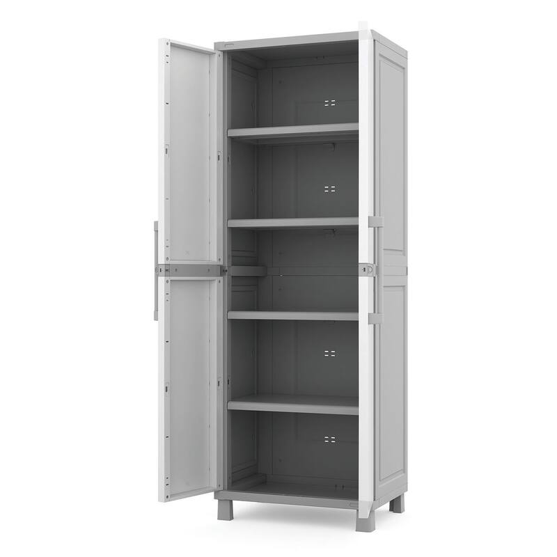 Keter Utility Garage Vertical Resin Home Storage Cabinet with lockable Doors and Shelves Ideal for Organization and Tools, White