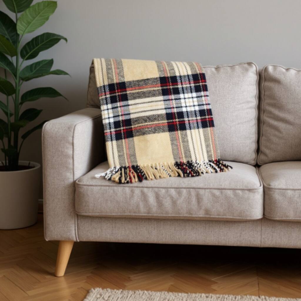 HomeRoots 55" X 77" Camel Black Red And White Cotton Blend Plaid Throw Blanket with Fringe