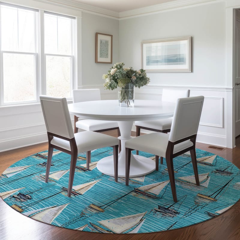 Premium Washable Super Soft Sailboat Marina Mayfield Rug - Teal - 8' x 8' - Round