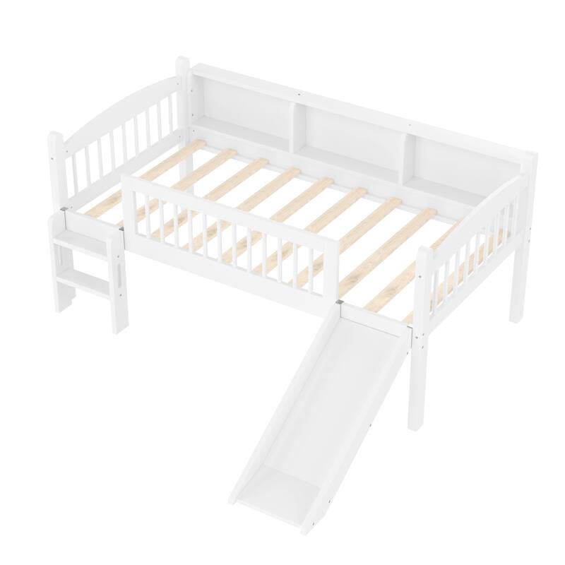Twin XL Loft Bed with Storage Shelves, LED Lights & Guardrails