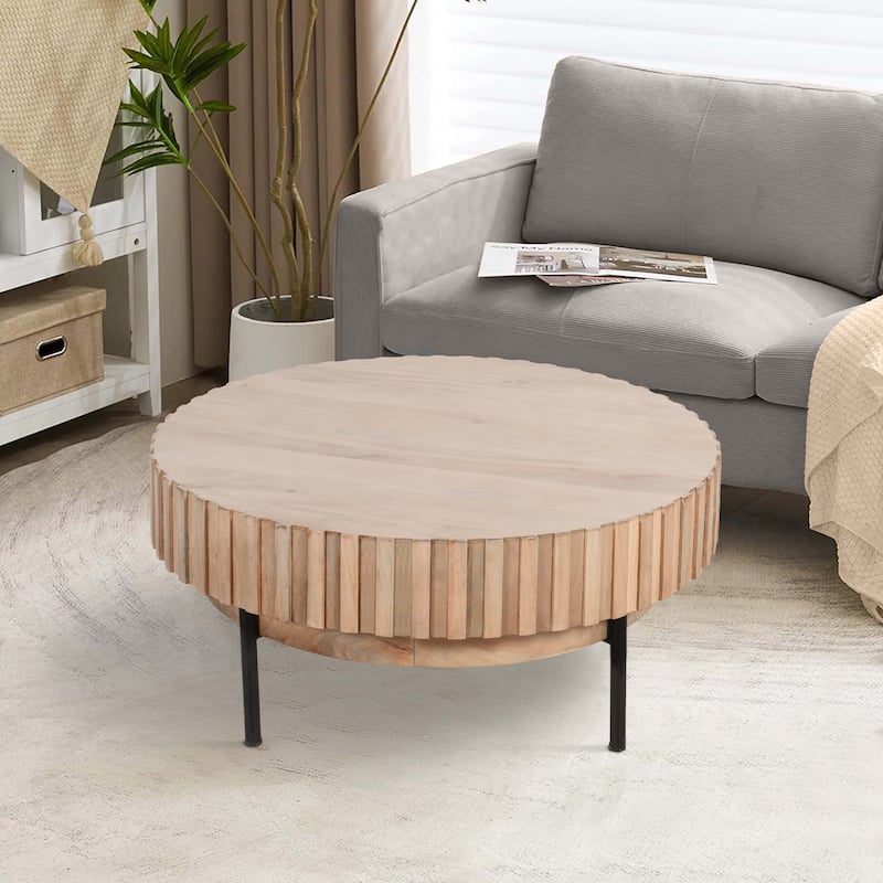 36 Inch Modern Handcrafted Round Coffee Table, Oak White Wood Top with Grooved Edges, Black Iron Legs