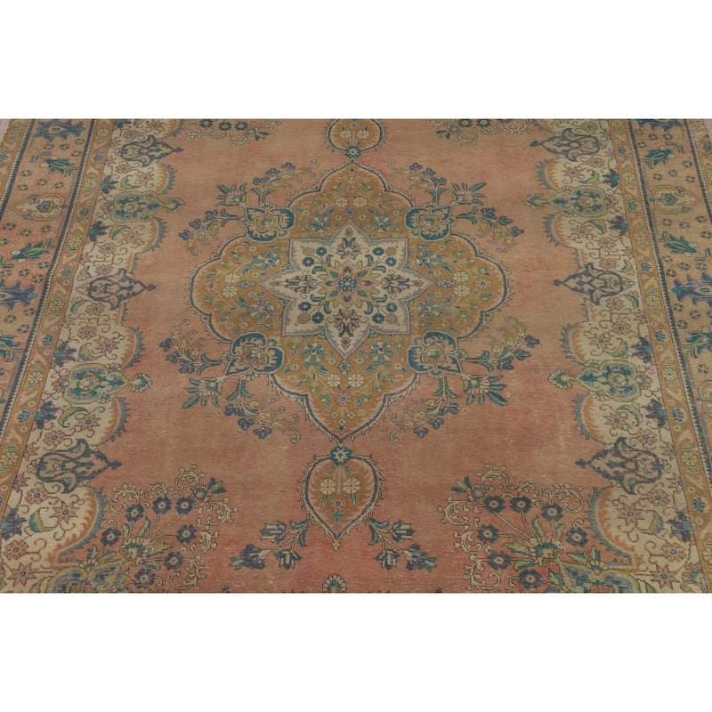 Tabriz Persian Vintage Rug Handmade Traditional Orange Wool Carpet - 9'7" x 12'10"