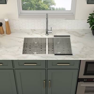32" L X 18" W Brushed Nickel Stainless Steel Undermount Kitchen Sink Double Bowl With Bottom Grid - 32.00