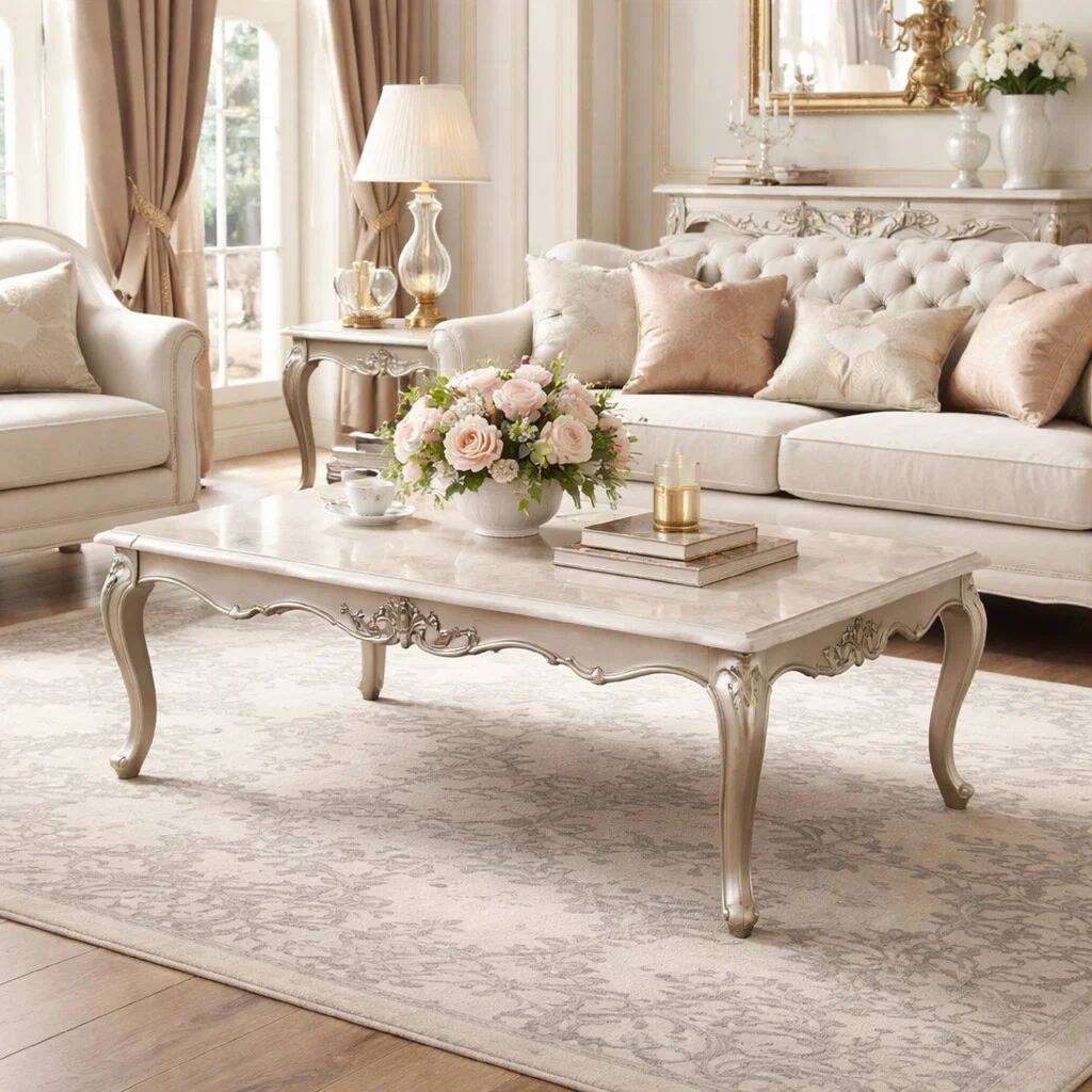 Kerra Cocktail Coffee Table, Beige Marble, Carved Champagne 54 Inch