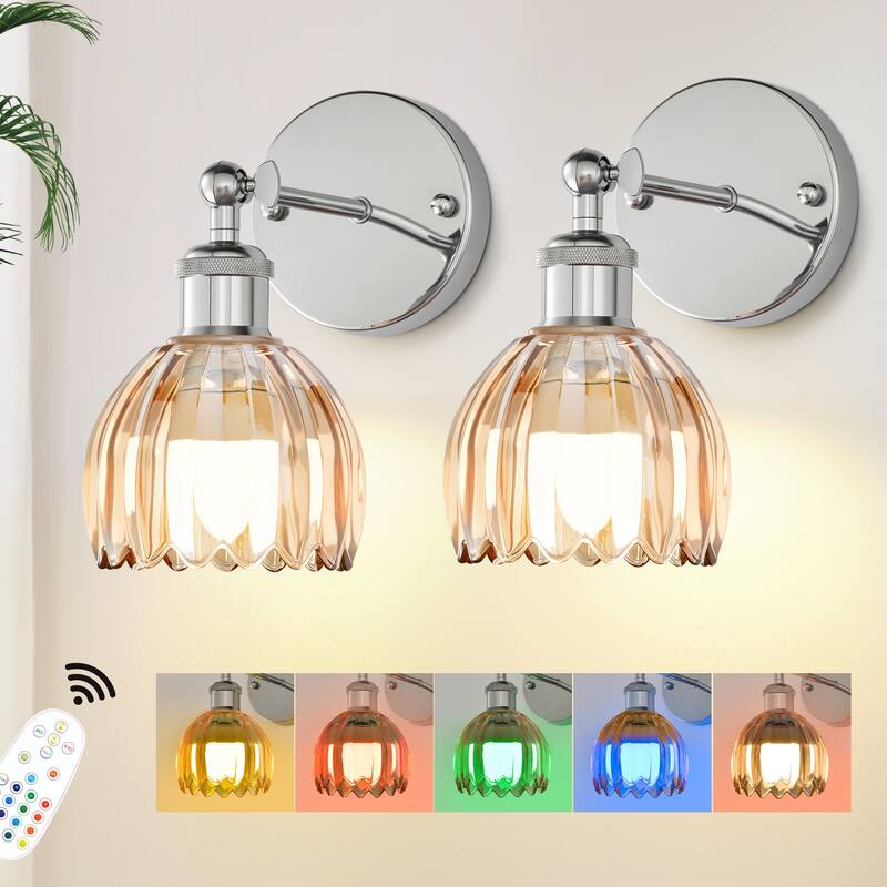 Adjustable Vintage Wall Sconce with Amber Tulip Glass Brass Fixture with Switch Ideal for Bedroom Hallway or Entry - Chrome - Orange