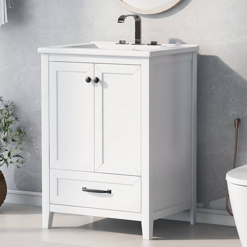 24" Bathroom Vanity with Sink - Modern Freestanding Cabinet, Solid Wood & MDF, Storage Drawer & Doors