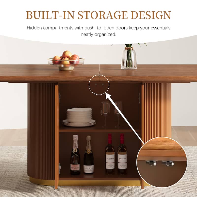 86.8" Oval Mid-Century Modern Dining Table (Seats 8-10), Brown Solid Wood Veneer Kitchen Table with Built-in Storage