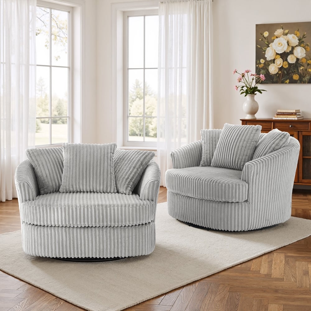 2 Set Oversized 43" W Plush Corduroy Swivel Barrel Chair with Pillows