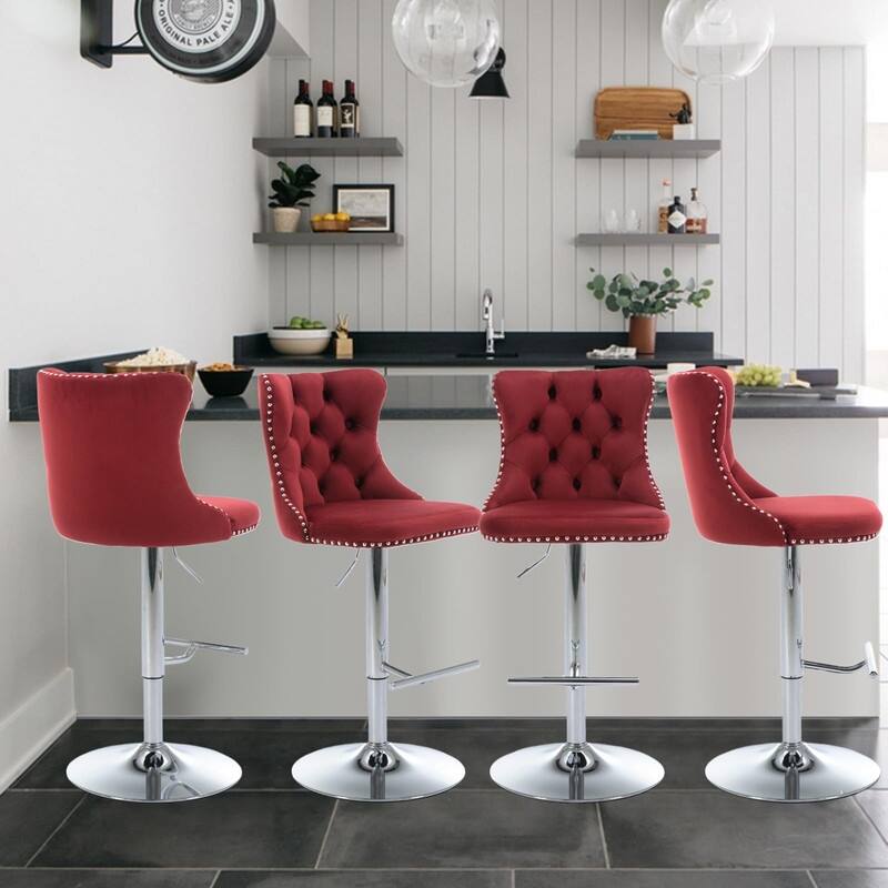 Velvet Upholstered Nailheads Tufted Swivel Bar Stools (Set of 6) - Burgundy SliverBase Set of 4