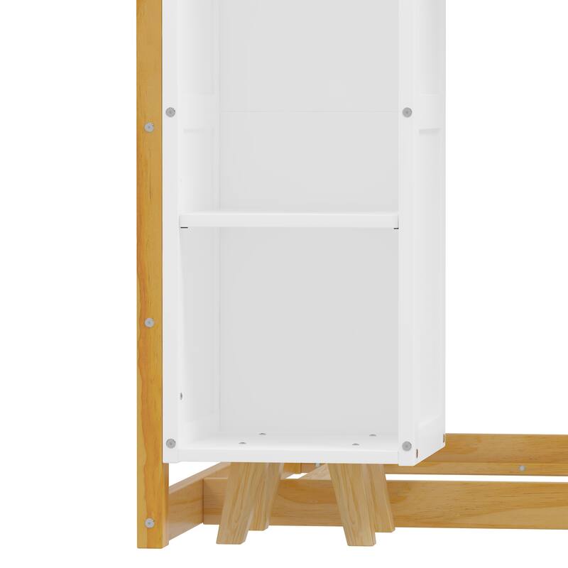 Twin Size House Bed with Fence, Roof, and Movable Wardrobes, Kids Floor Bed in Natural Finish