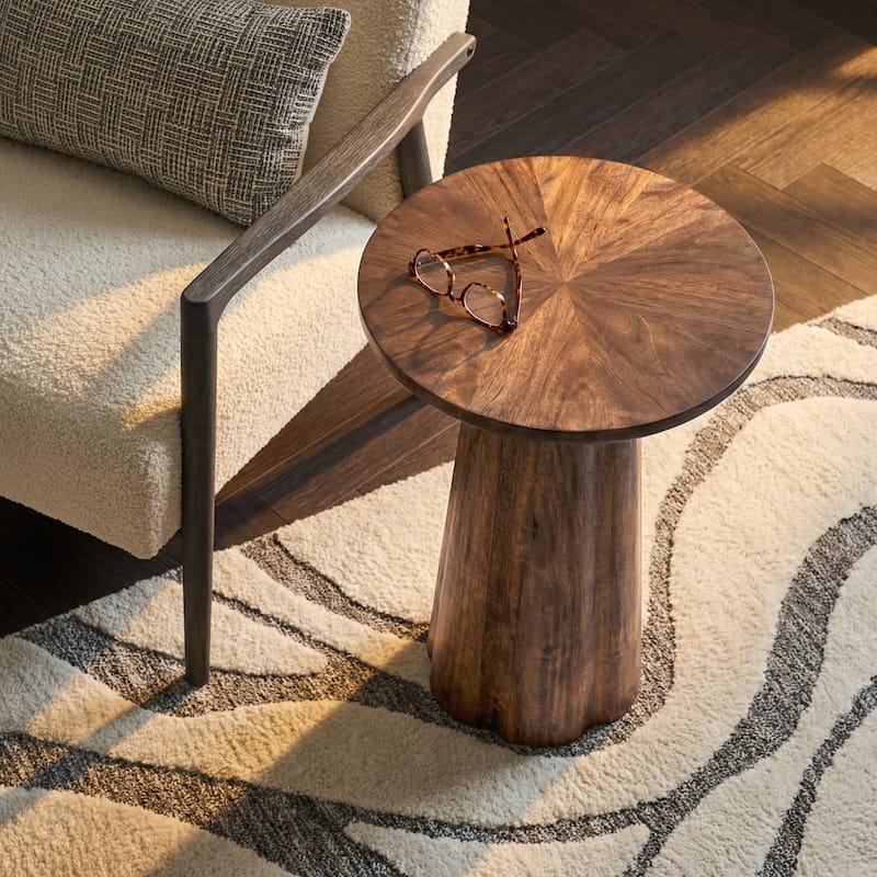 Trevo Round Solid Wood Side Table with Pedestal Base by East at Main - Brown