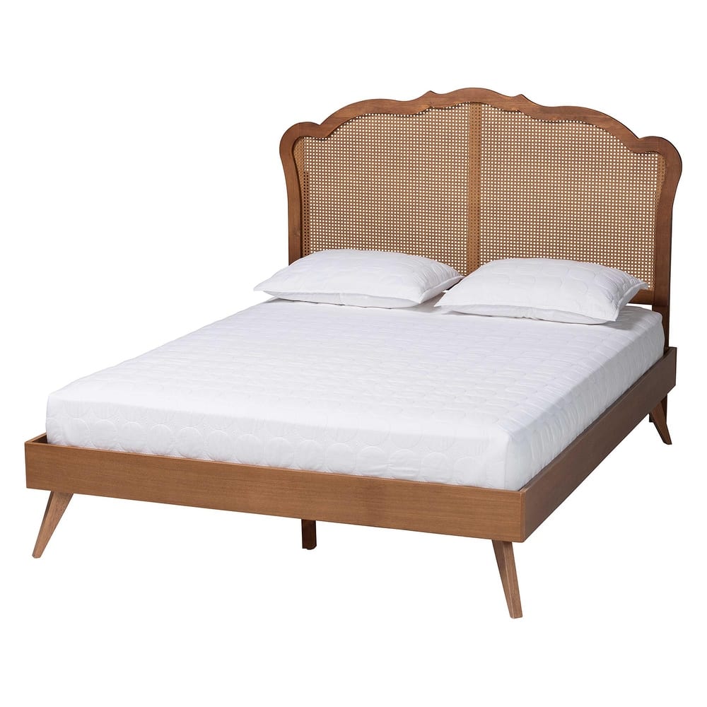 Aithan Mid-Century Walnut Brown Wood and Rattan Platform Bed