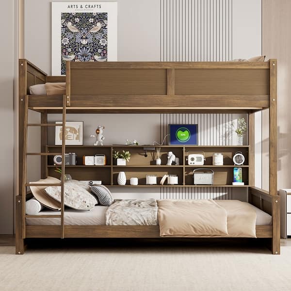 slide 2 of 18, Full XL over Queen Bunk Bed with Storage Cabinets and USB Ports, Antique Wood Color Beige
