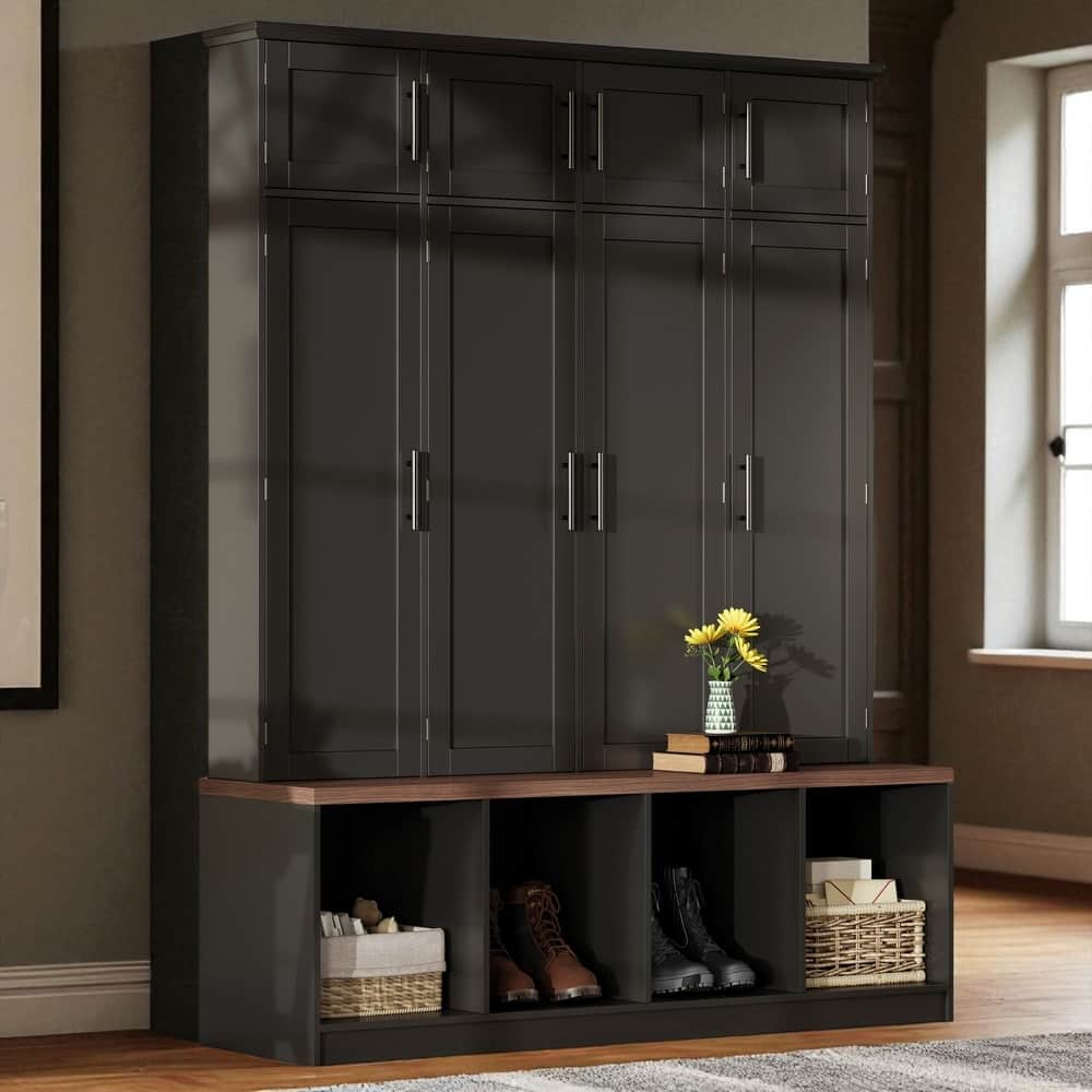 Farmhouse Hall Tree with Walnut Bench, 8 Doors, 4 Hidden Hooks, Entryway Shoe Cabinet with Open Cubbies, 59" Wide