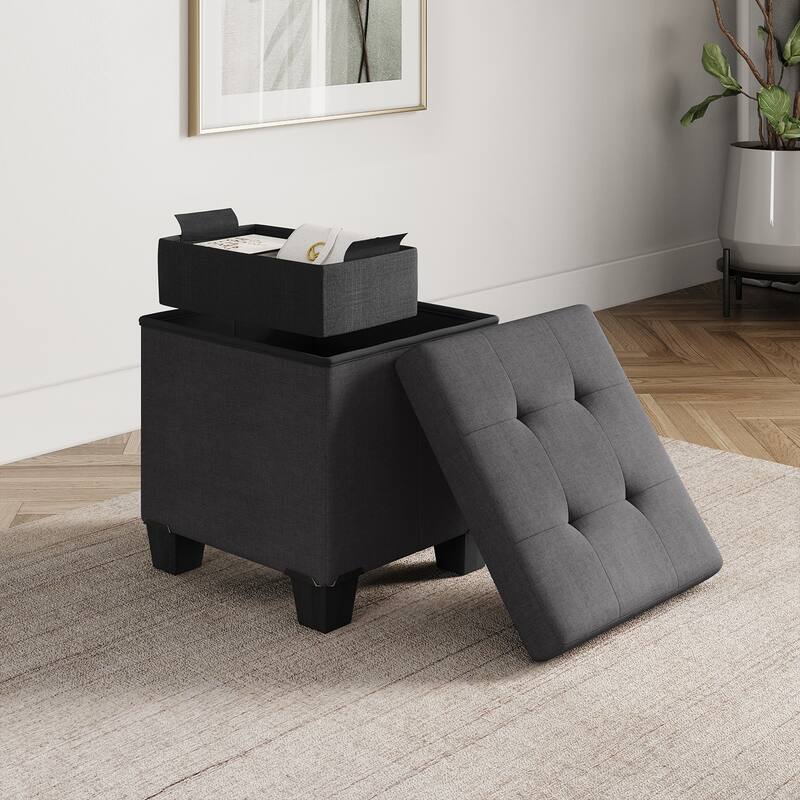 Empyrean Tuffted Folding Foot Rest Storage Ottoman Bench with Storage Bins - 15 Inch - Grey Fabric