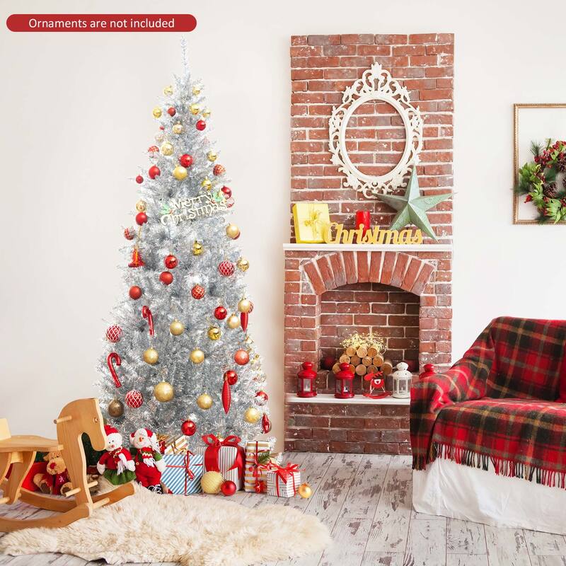 6/7FT Pre-lit Artificial Silver Tinsel Xmas Tree w/ 300/400 LED Lights