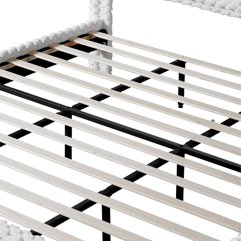 Simple Modern Fabric Platform Bed White Plush Soft Bed with Backrest, Bedroom Upholstered Bed with Metal Brackets