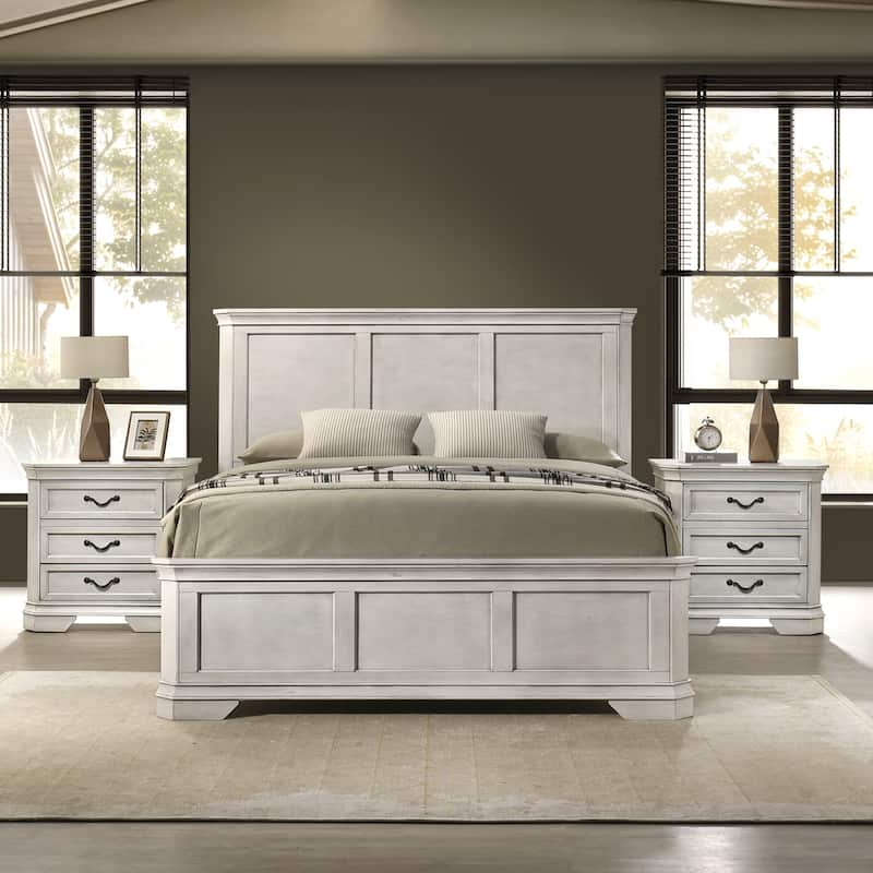 Roundhill Furniture Maderne 3-Piece Wood Bedroom Set, Panel Bed and Two Nightstands - Antique White - King
