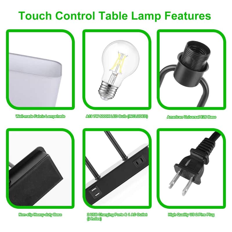 Bedside Touch Control Table Lamp with Dual USB Charging Ports 1 AC Outlet, 3 Way Dimmable Modern Nightstand Lamp