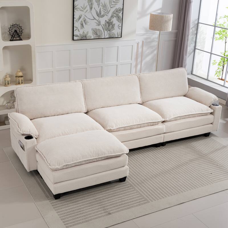 113" L Shaped Sectional Sofa, Deep Seat Cloud Couch with Ottoman, Oversized Corduroy Couch with Cup Holders, Storage Bags