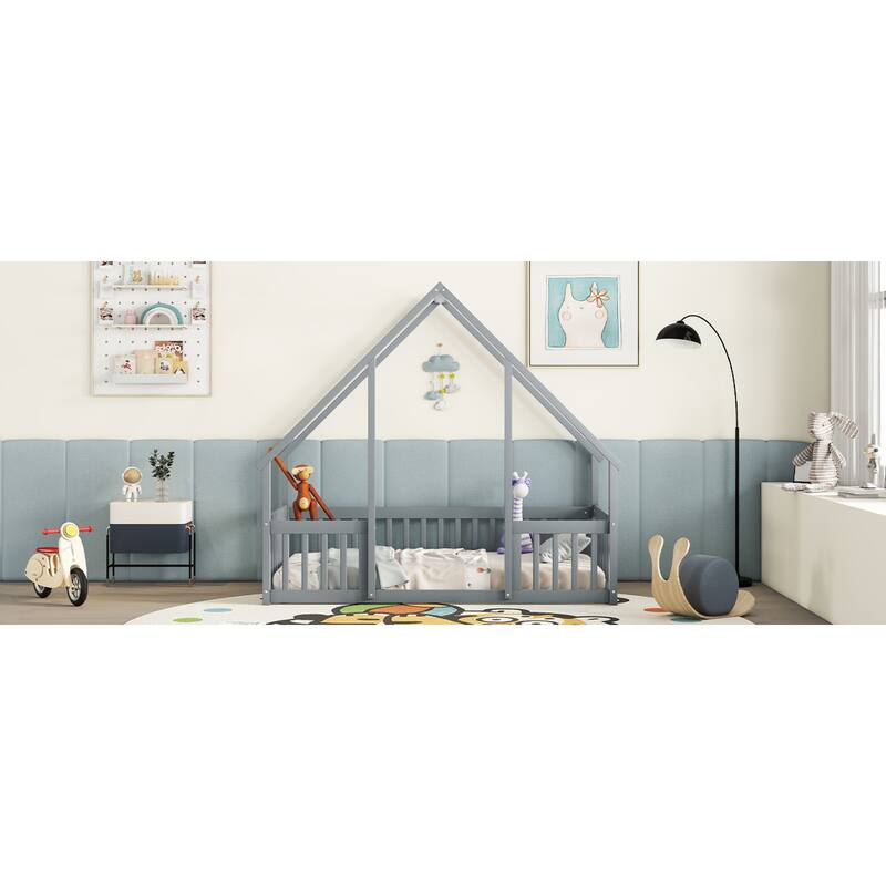 Roomfitters Twin/Full Wood House-Shaped Floor Bed with Fence and Guardrails, Low Profile Platform Bed, No Box Spring Needed