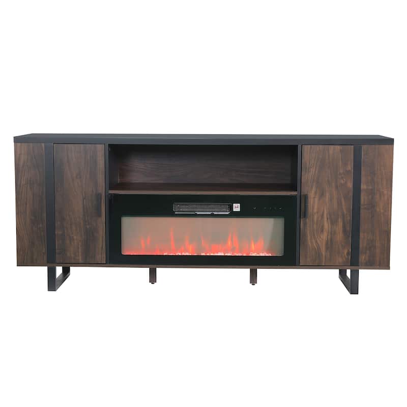 72" Farmhouse Walnut Wood Electric Fireplace TV Stand with Storage Open Compartment