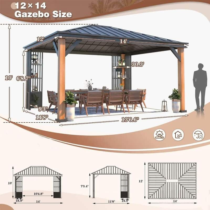 Outdoor Galvanized Steel Roof Gazebo Pergola w Wooden Coated Alumninum Frame, Privacy Curtains and Nettings Include