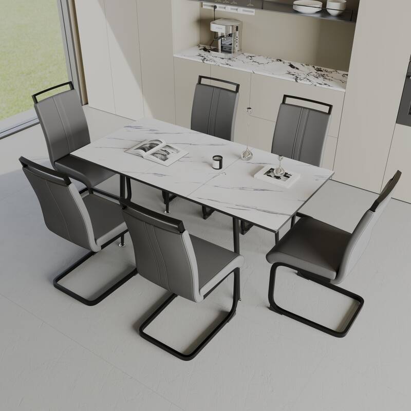 7-Piece Expandable Dining Table Set with C-shaped Tubular Cushioned Armless Chair, Scratch Resistant Plastic Feet