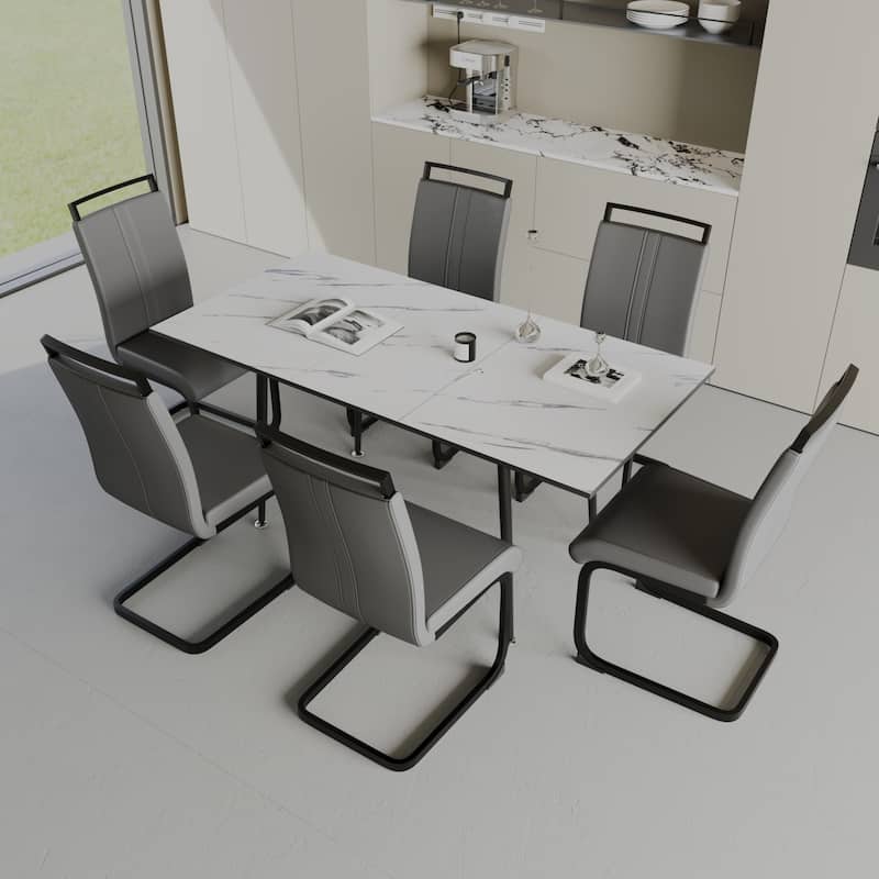 Modern Dining Set with Rectangular Extendable Table & High Back C-shaped Tube Chairs