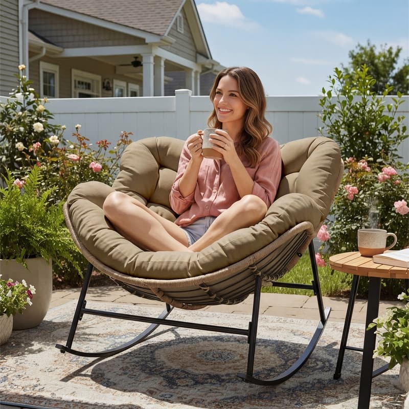 FINCATI Outdoor Royal Rocking Papasan Chair, Luxury Cozy Outdoor Rocking Chair, 450 lbs Indoor Extra Large Recliner Chair