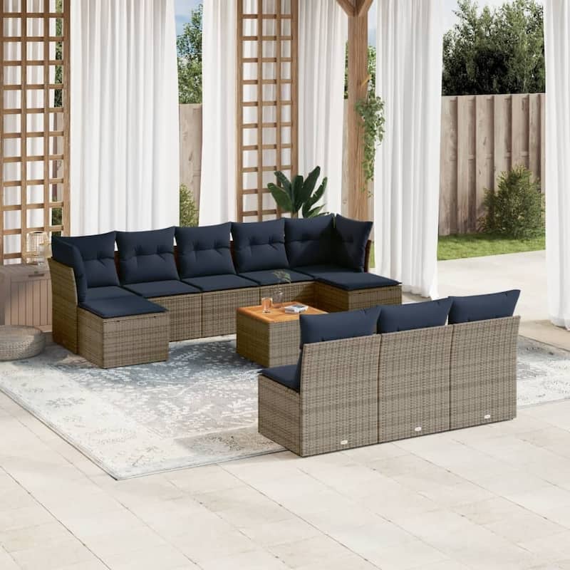 vidaXL Patio Sofa Set with Cushions Outdoor Furniture 11 Piece Poly Rattan - 24.4x 24.4x 27.2 - Grey and Blue