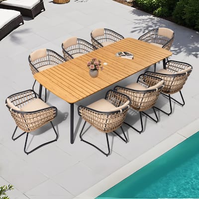 9-PC Outdoor Patio Dining Set Rectangular Aluminum Table with Umbrella Hole with Rattan Chair