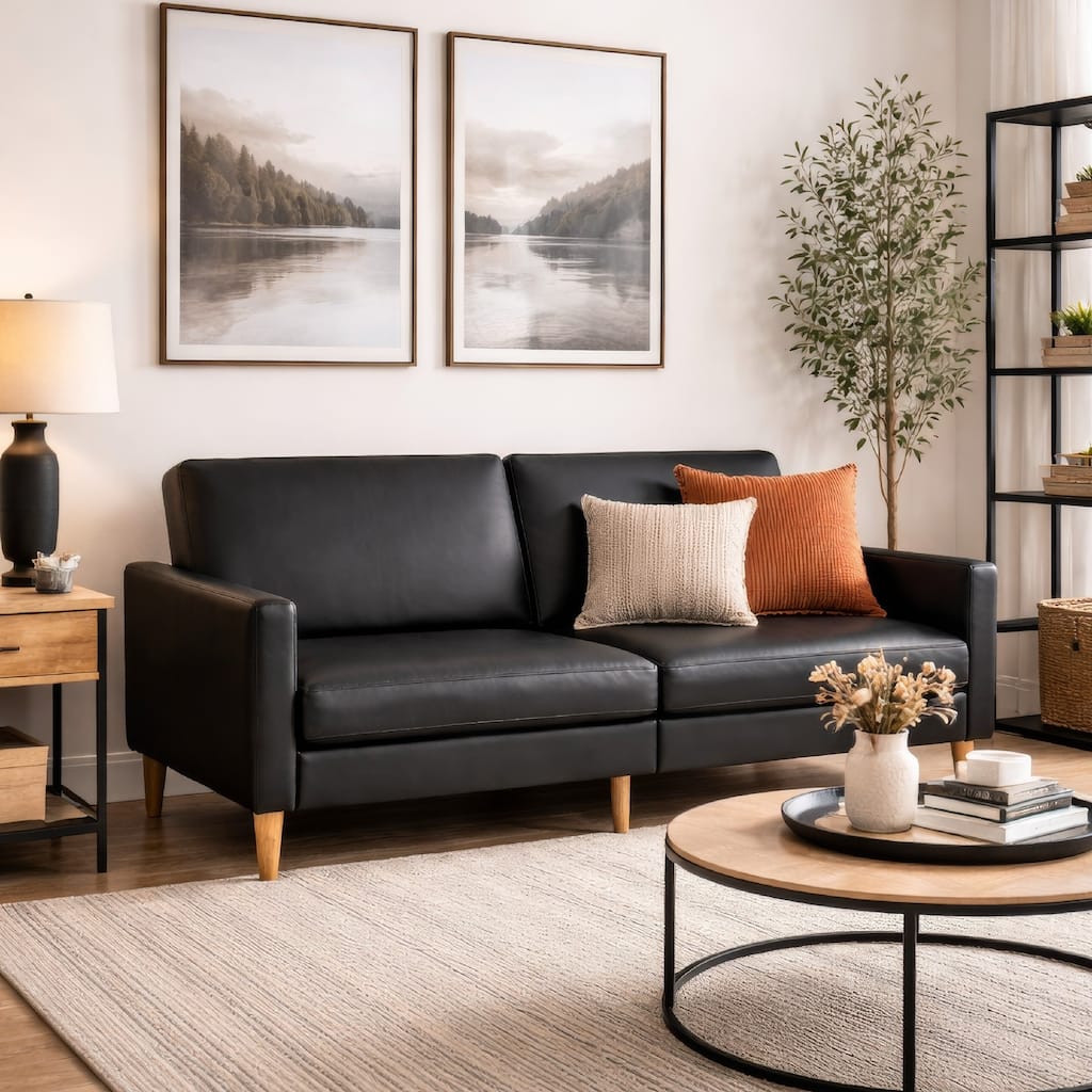 Benjara Mala Sleeper Sofa, Foam Padded, Black Faux Leather, Walnut Brown Legs