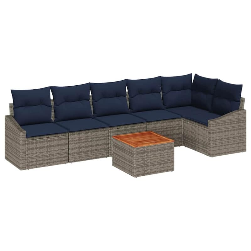 vidaXL 7 Garden Sofa Set with Cushions Black/Grey Poly Rattan - 113.8 x 48.6 x 27.2