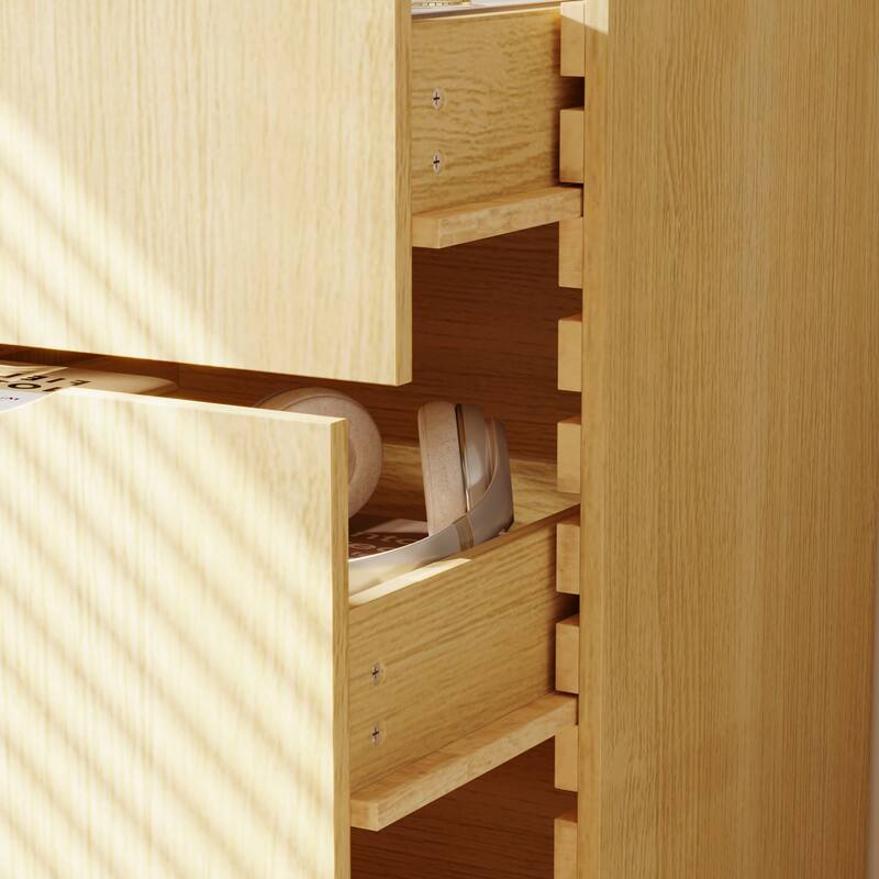 Tall Wooden Storage Cabinet with 3 Drawers and Adjustable Shelves, Solid Wood Slat Design