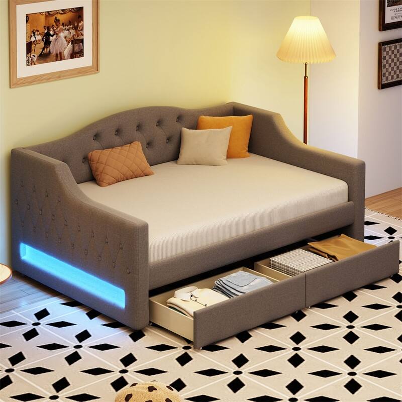 Twin XL Size Daybed with LED Belt and 2 Storage Drawers, Upholstered Daybed Frame Sofa Bed with Slats Support for Bedroom - Grey