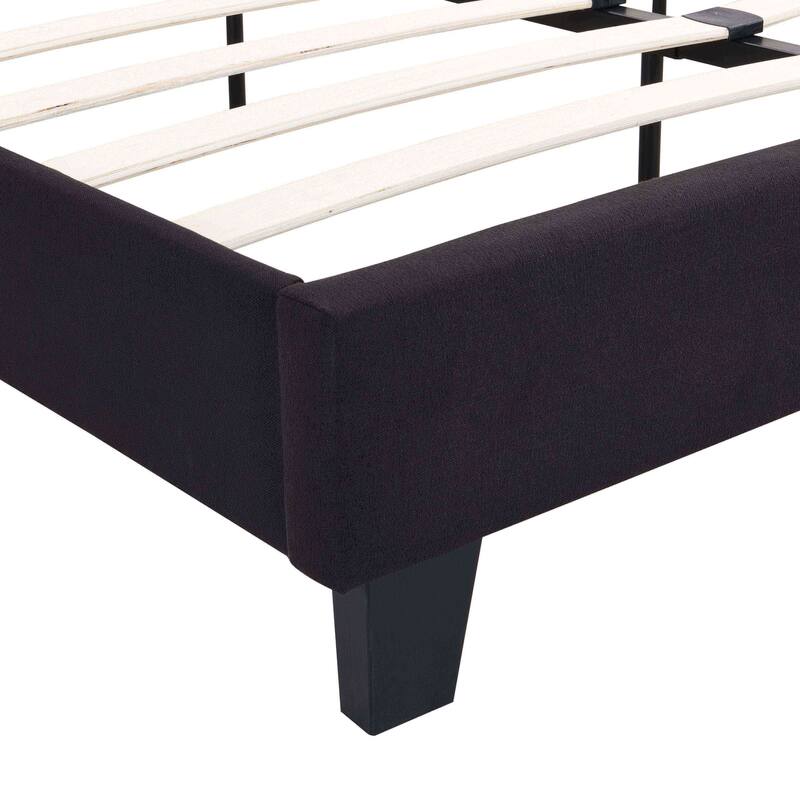 King Size Upholstered Bed Frame with Linen Headboard, Wood Slat Support, No Box Spring Needed