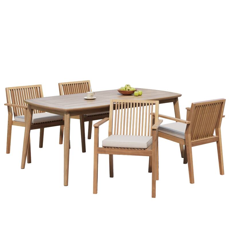 5-Piece Acacia Wood Outdoor Dining Set - 70.75" Table & 4 Chairs with Removable Cushions for Patio Garden