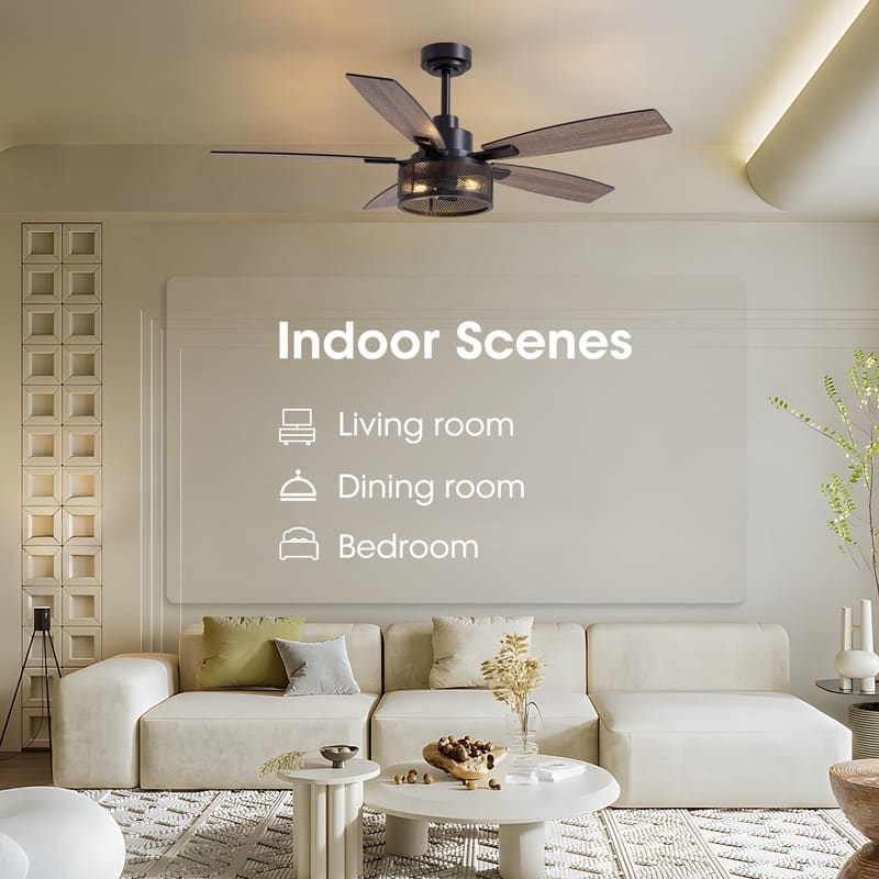 52 Inch Farmhouse Ceiling Fan with Light and Remote Black Industrial Caged Ceiling Fans Flush Mount 6-Speed Design for Bedroom