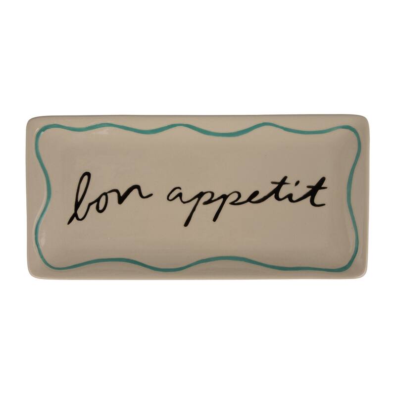 Stoneware Platter with Wax Relief "Bon Appétit" Design - 12.75"L x 6.0"W x 0.75"H